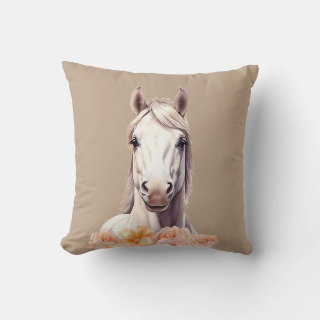 Beautiful Horse and Pink Flowers on Beige Throw Pillow (Front)