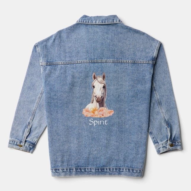 Beautiful Horse and Pink Flowers Personalized Denim Jacket (Back)