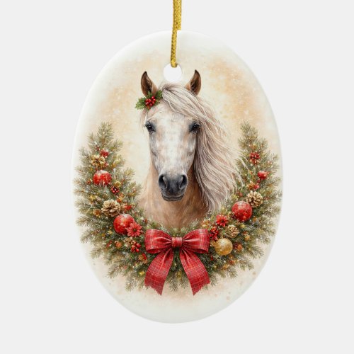 Beautiful Horse and Wreath Christmas Holiday Ceramic Ornament