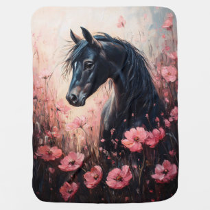 Beautiful Horse Blush Pink Wildflowers Baby Blanket