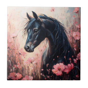 Beautiful Horse Blush Pink Wildflowers Ceramic Tile