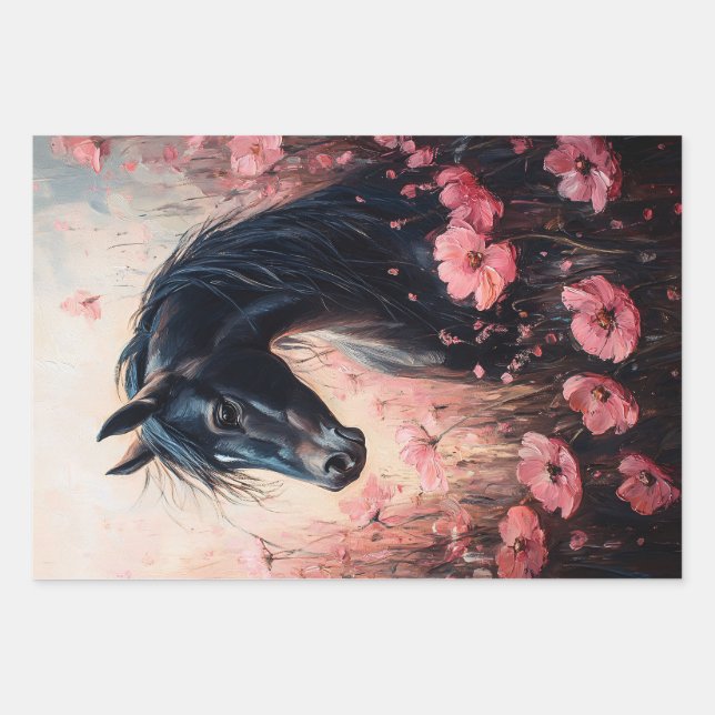 Beautiful Horse Blush Pink Wildflowers Decoupage Wrapping Paper Sheets (Front)