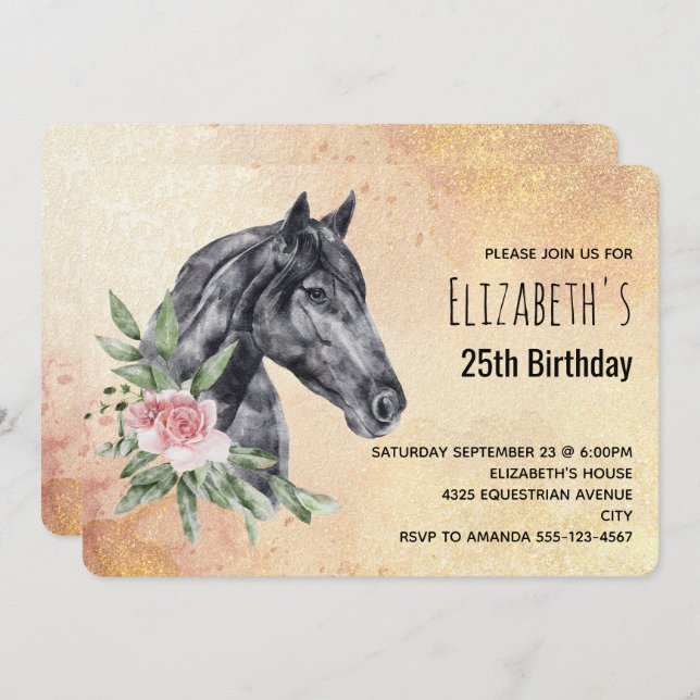Beautiful Horse Head in Watercolor Birthday Invitation (Front/Back)