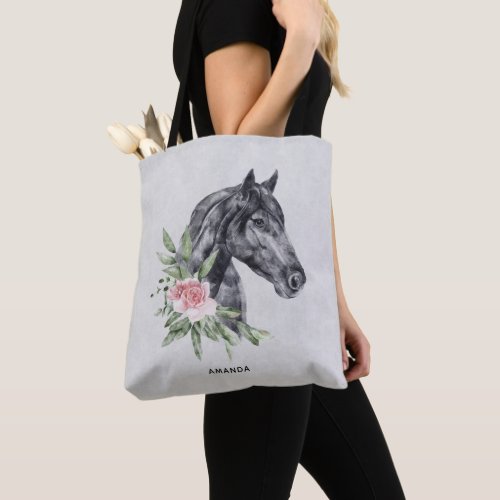 Beautiful Horse Head Portrait Watercolor on Gray Tote Bag