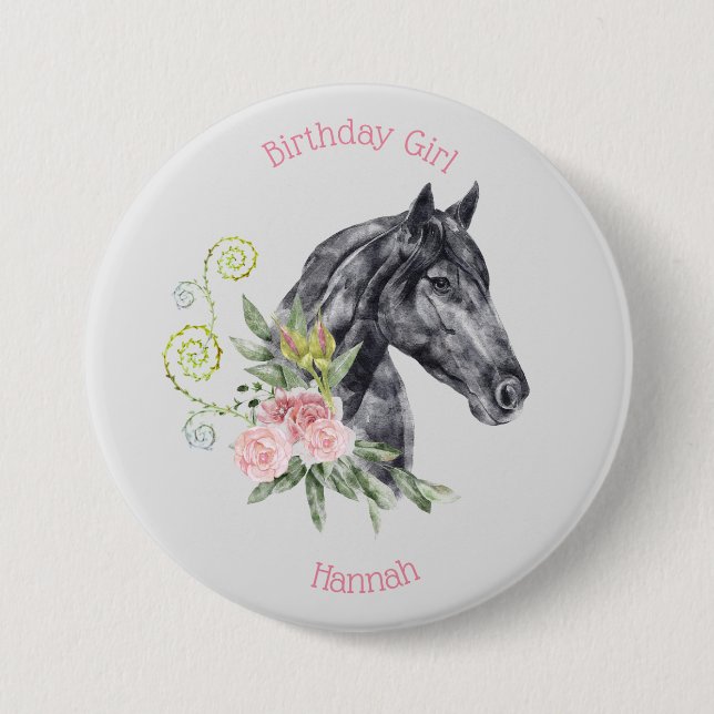 Beautiful Horse Illustration - Birthday Girl Button (Front)