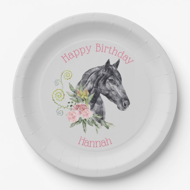 Beautiful Horse Illustration - Happy Birthday  Paper Plates (Front)