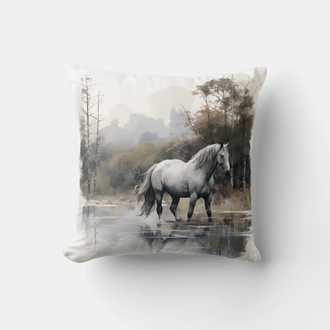 beautiful horse in the lake throw pillow (Front)