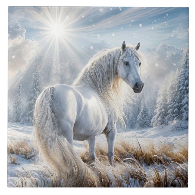 Beautiful Horse in the Snow Christmas Ceramic Tile (Front)