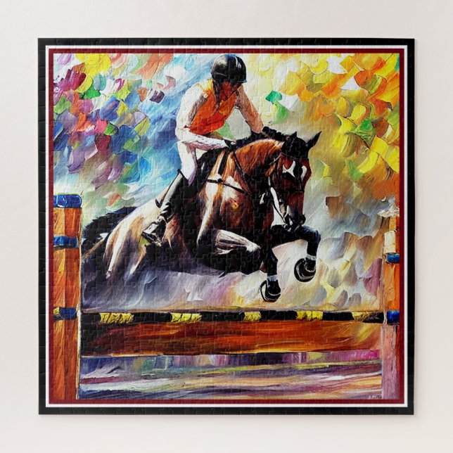Beautiful Horse Jumping Digital Oil Painting Style Jigsaw Puzzle (Vertical)