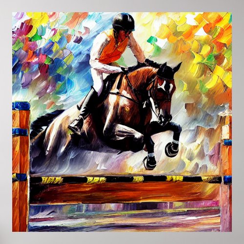 Beautiful Horse Jumping Digital Oil Painting Style Poster
