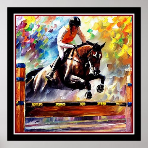 Beautiful Horse Jumping Digital Oil Painting Style Poster