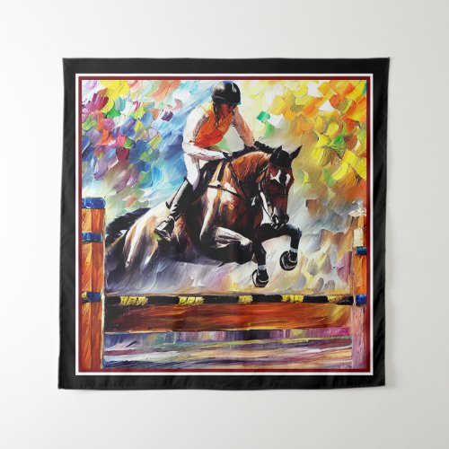 Beautiful Horse Jumping Digital Oil Painting Style Tapestry