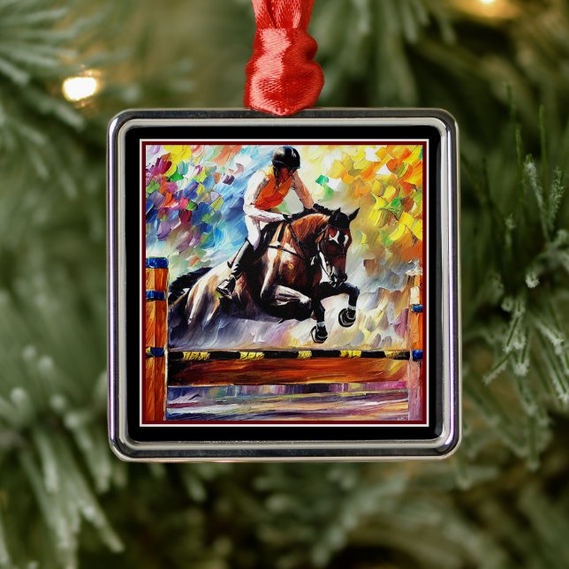 Beautiful Horse Jumping Digital Painting Christmas Metal Ornament (Tree)