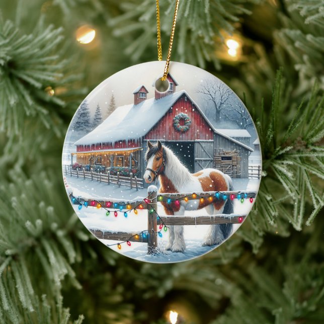 Beautiful Horse on a Christmas Farm Personalized Ceramic Ornament (Tree)