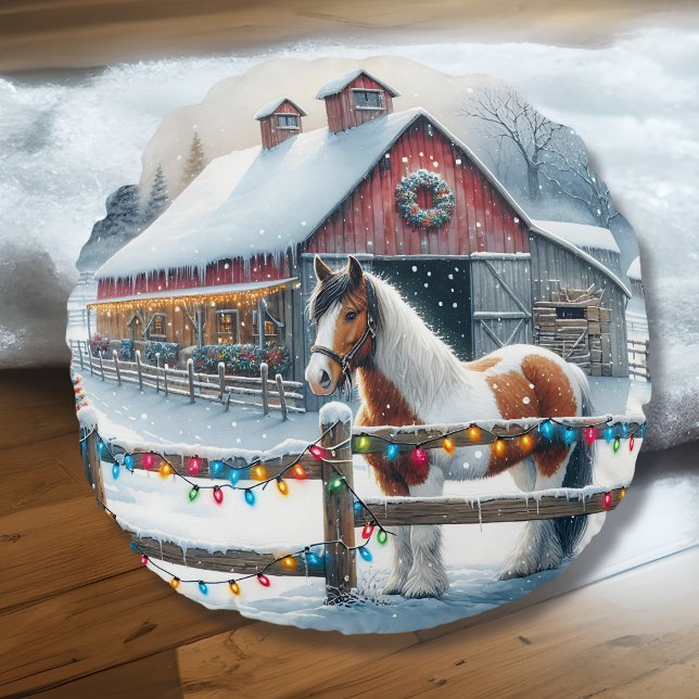 Beautiful Horse on a Christmas Farm Personalized Round Pillow (Creator Uploaded)