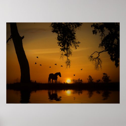 Beautiful Horse on a Golden Pond with Birds Poster