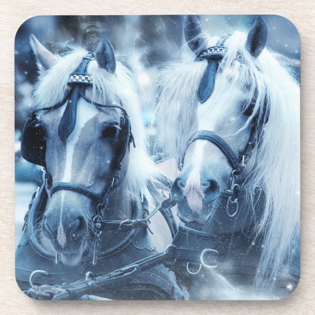 Beautiful Horse Team Winter Driving Photo Beverage Coaster (Front)