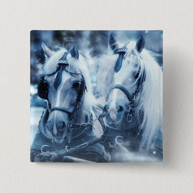 Beautiful Horse Team Winter Driving Photo Button (Front)