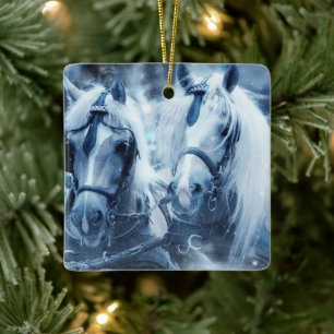 Beautiful Horse Team Winter Driving Photo Ceramic Ornament