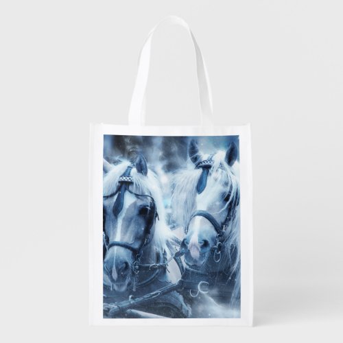 Beautiful Horse Team Winter Driving Photo Grocery Bag