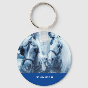 Beautiful Horse Team Winter Driving Photo Keychain