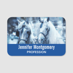 Beautiful Horse Team Winter Driving Photo Name Tag