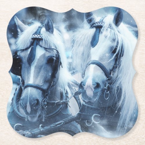 Beautiful Horse Team Winter Driving Photo Paper Coaster