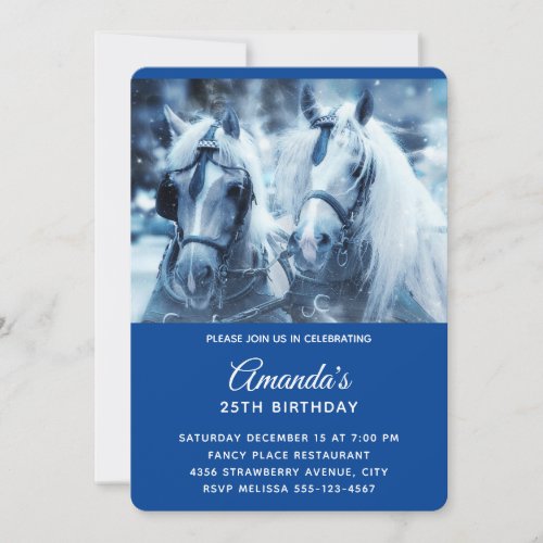 Beautiful Horse Team Winter Photo Birthday Invitation