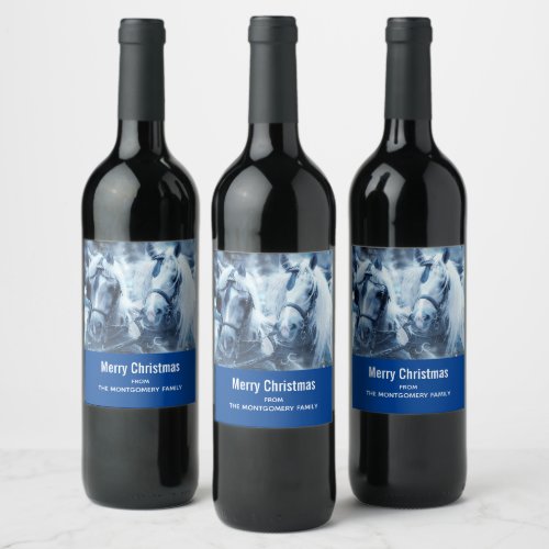 Beautiful Horse Team Winter Photo Christmas Wine Label