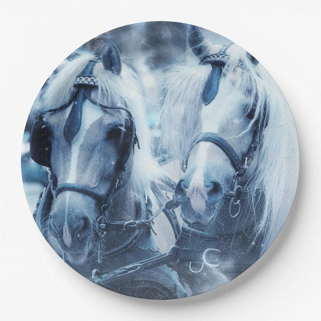 Beautiful Horse Team Winter Photo Paper Plates (Front)