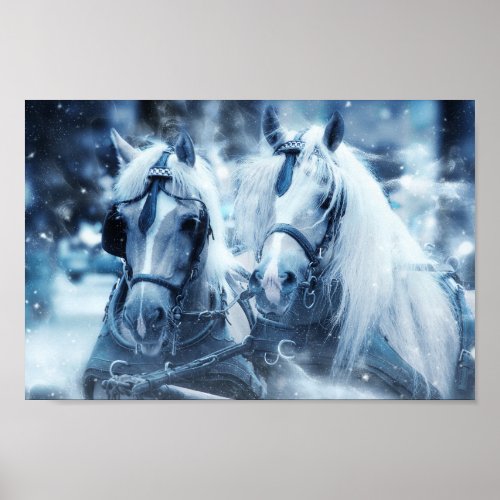 Beautiful Horse Team Winter Photo Poster