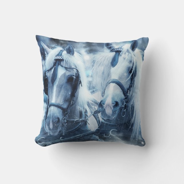 Beautiful Horse Team Winter Photo Throw Pillow (Front)