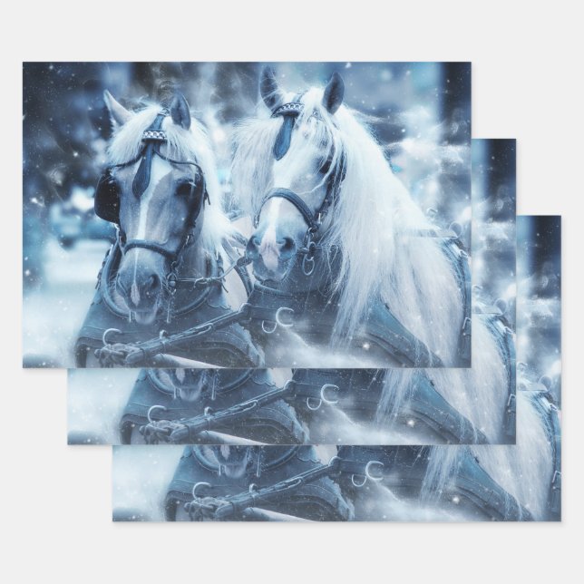 Beautiful Horse Team Winter Photo Wrapping Paper Sheets (Set)