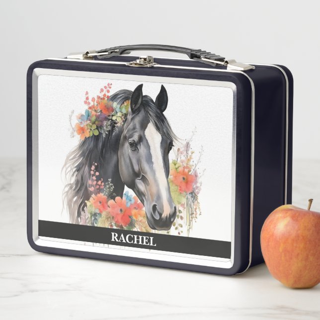 Beautiful Horse with Flowers Metal Lunch Box (In Situ)