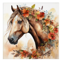 Beautiful Horse with Pretty Flowers Watercolor