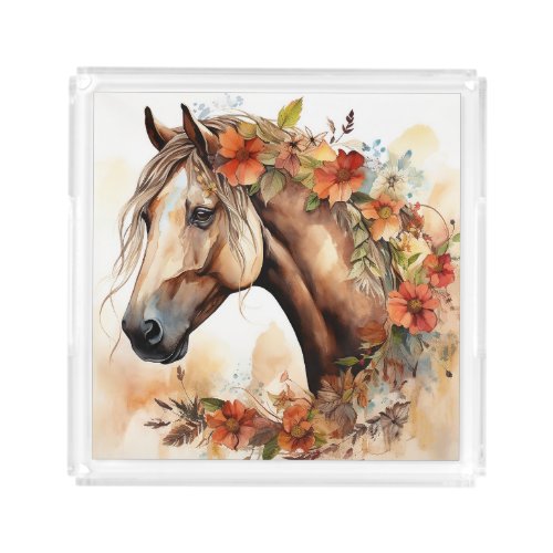 Beautiful Horse with Pretty Flowers Watercolor Acrylic Tray