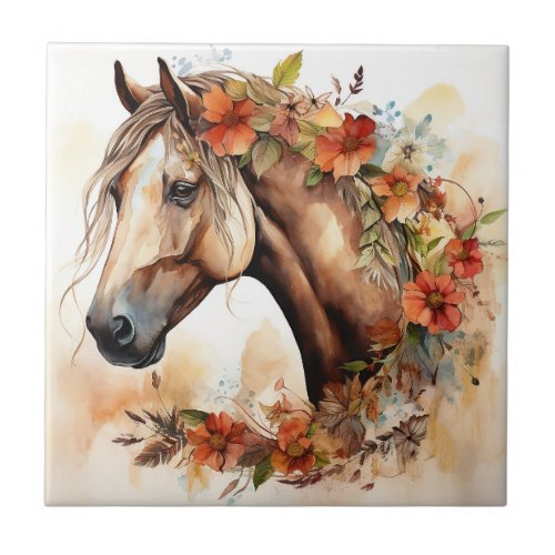 Beautiful Horse with Pretty Flowers Watercolor Ceramic Tile