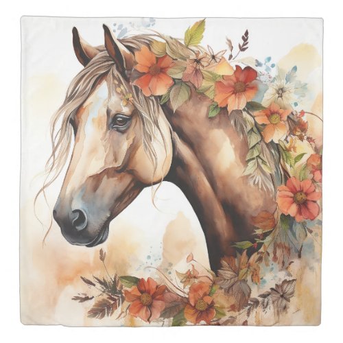 Beautiful Horse with Pretty Flowers Watercolor Duvet Cover