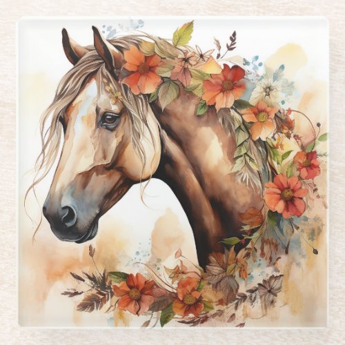 Beautiful Horse with Pretty Flowers Watercolor Glass Coaster