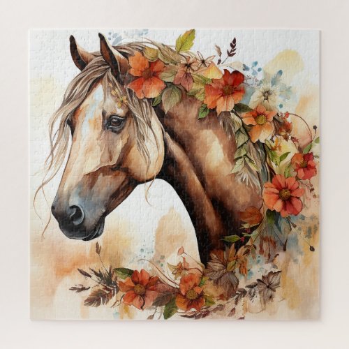 Beautiful Horse with Pretty Flowers Watercolor Jigsaw Puzzle