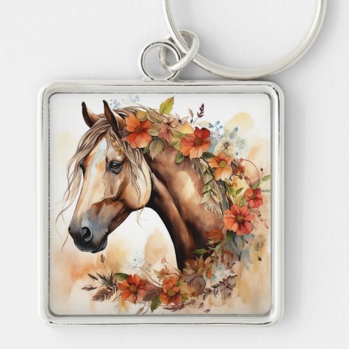 Beautiful Horse with Pretty Flowers Watercolor Keychain