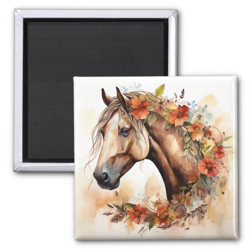 Beautiful Horse with Pretty Flowers Watercolor Magnet
