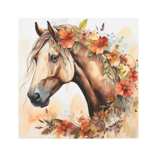Beautiful Horse with Pretty Flowers Watercolor Metal Print