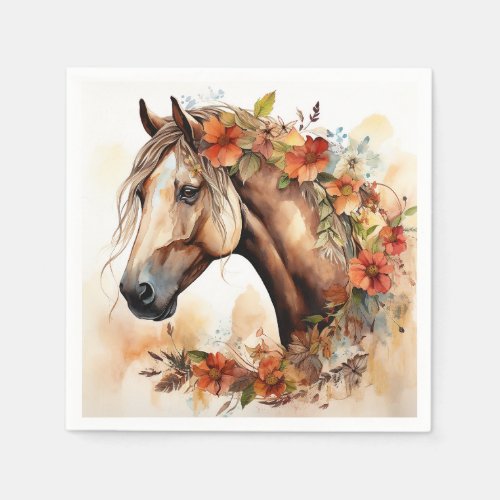 Beautiful Horse with Pretty Flowers Watercolor Napkins