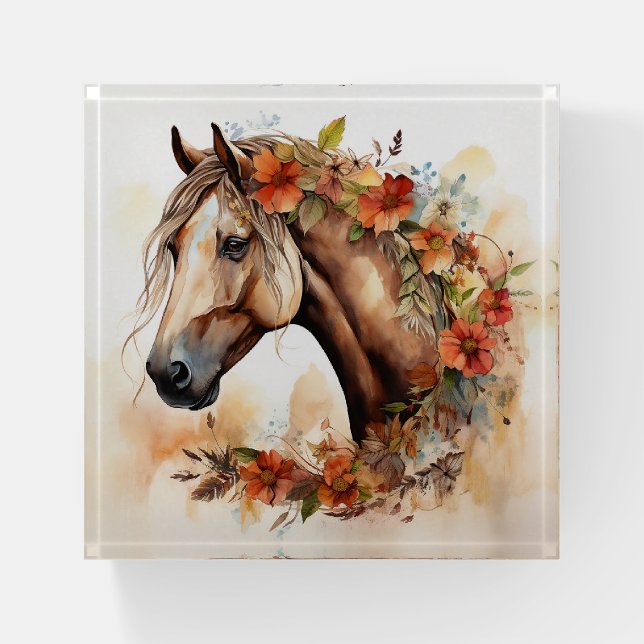 Beautiful Horse with Pretty Flowers Watercolor Paperweight (Front)