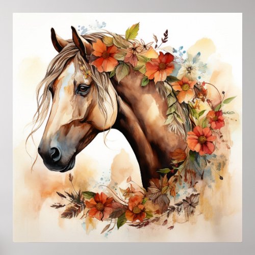 Beautiful Horse with Pretty Flowers Watercolor Poster