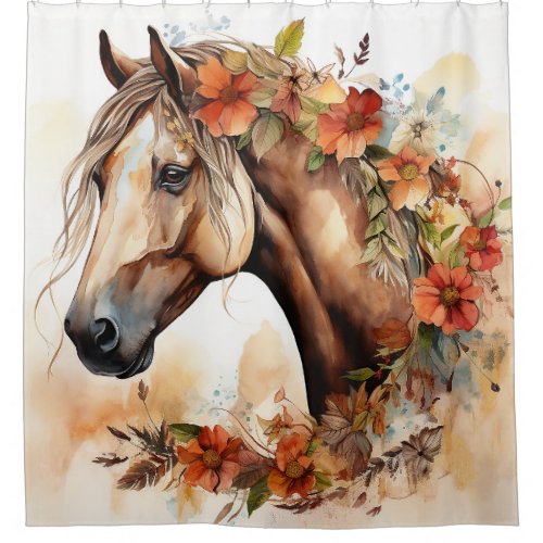 Beautiful Horse with Pretty Flowers Watercolor Shower Curtain