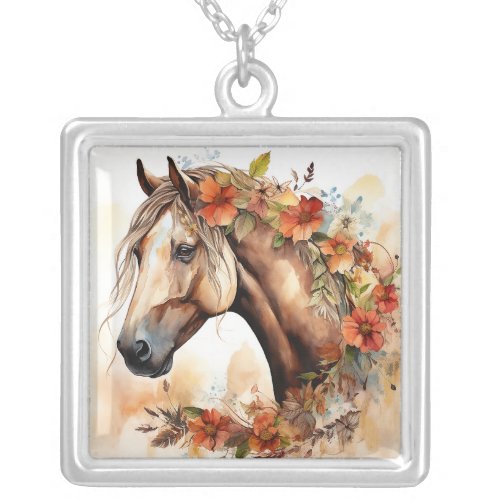 Beautiful Horse with Pretty Flowers Watercolor Silver Plated Necklace