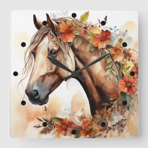 Beautiful Horse with Pretty Flowers Watercolor Square Wall Clock