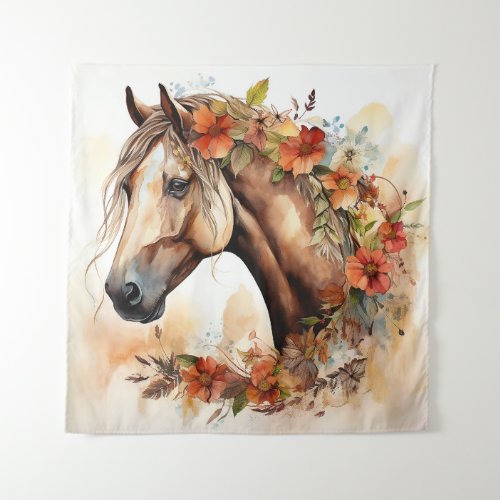 Beautiful Horse with Pretty Flowers Watercolor Tapestry